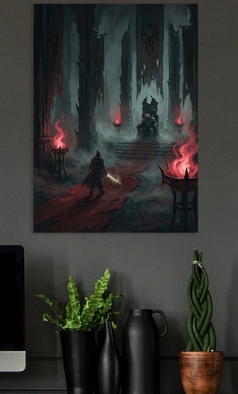 Dark Throne Room with Hooded Figure — metal poster wall art by Lineer